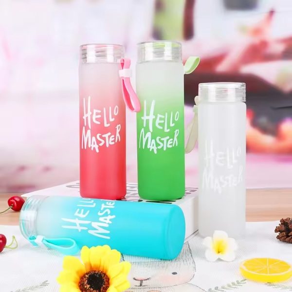 Frosted Glass Water Bottle With Hello Master Decal Logo – 400ml