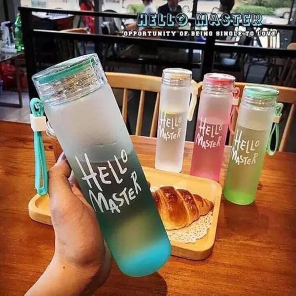 Frosted Glass Water Bottle With Hello Master Decal Logo – 400ml